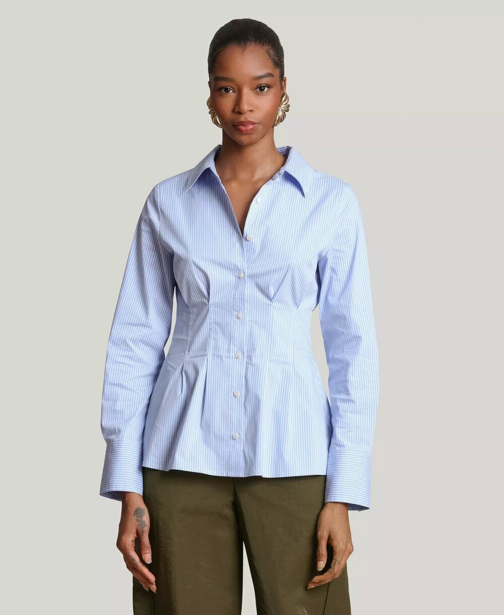 Avec Les Filles Women's Corset Stripe Spread Collar Shirt Blue Size XL 3812